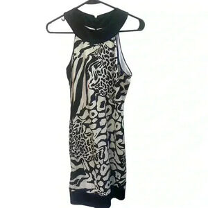 Cache Black and White Sequined Halter Dress